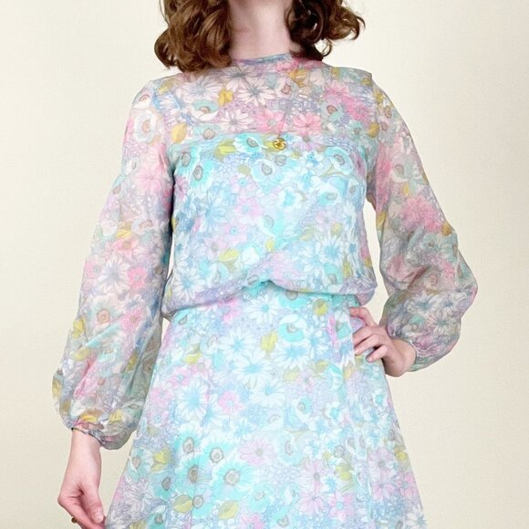 Vintage 70s Handmade Floral Gown Long Poof Puff Sleeve Princess Maxi Dress 1970s - Picture 2 of 8
